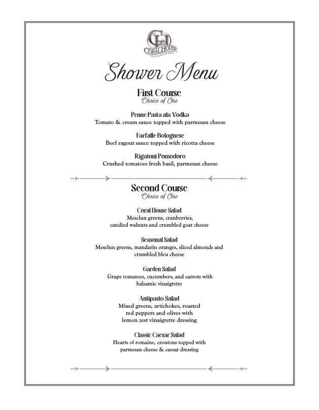 Coral House Bridal or Baby Shower Menu