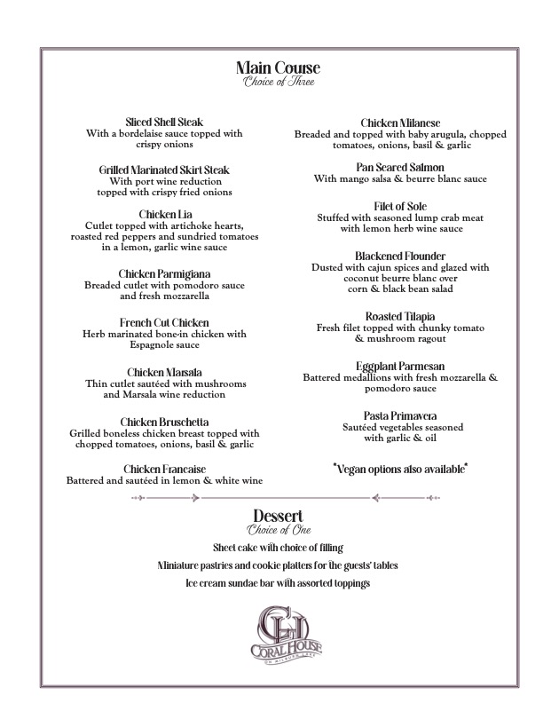 Coral House Bridal or Baby Shower Menu