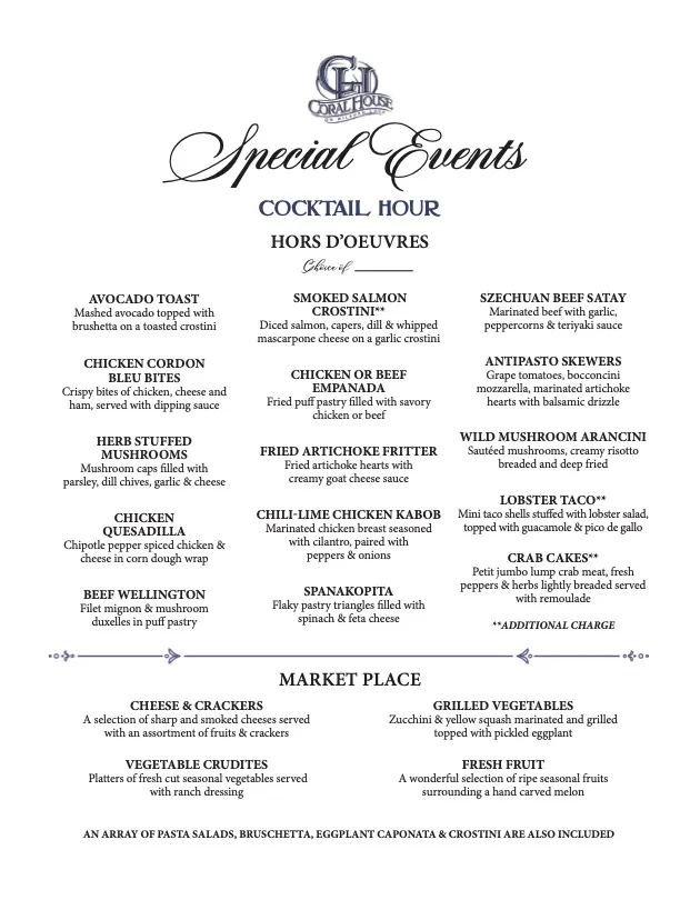 Coral House Special Events Menu