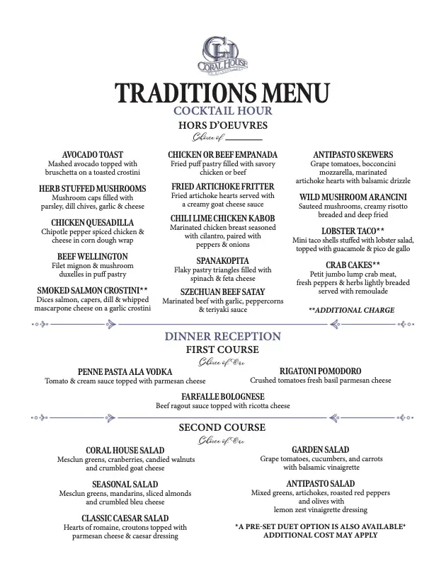 Coral House Traditions Menu