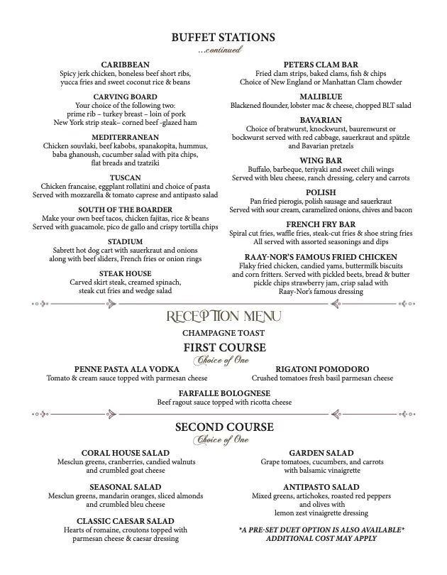 Coral House Wedding Menu